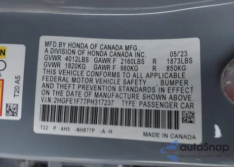 2023 Honda Civic Ex/Ex W/O Bsi from USA, damaged, VIN 2HGFE1F77PH317237